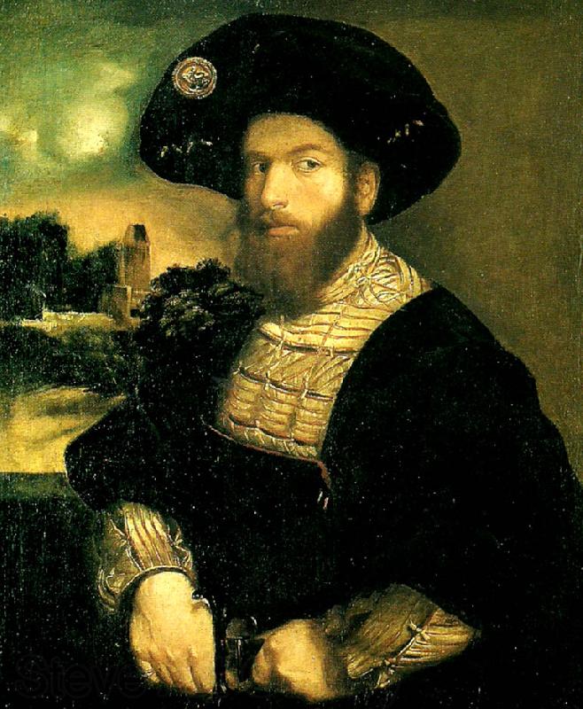 Dosso Dossi portratt av en man i svart barett France oil painting art